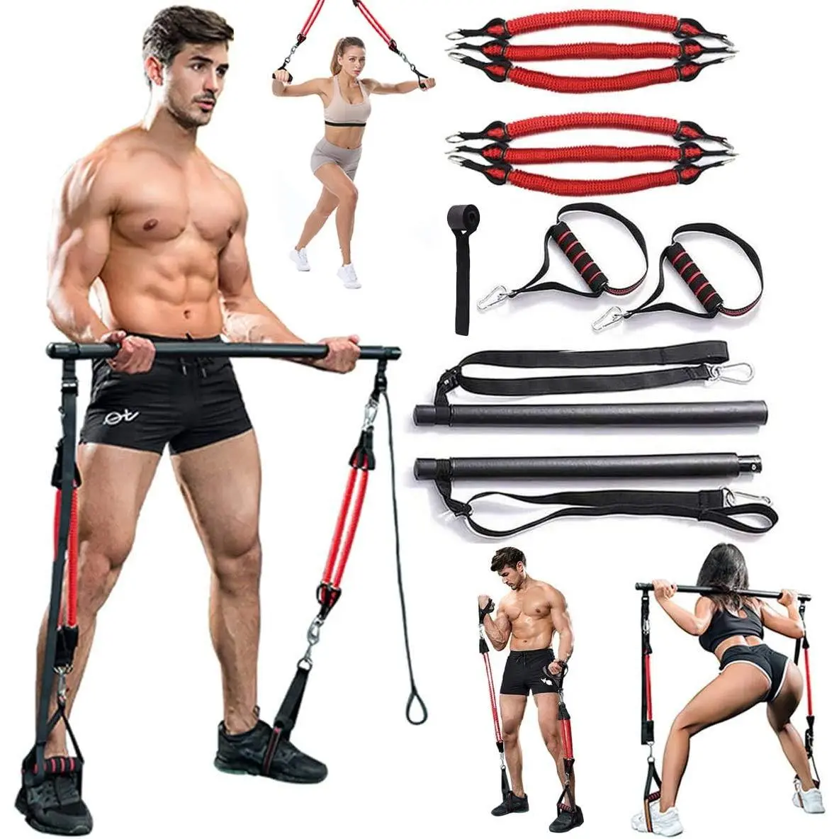 180LBS Adjustable Pilates Toning Bar Kit with Resistance Bands, Anti-Break, Full  Dynamic Workout,  Portable Gym