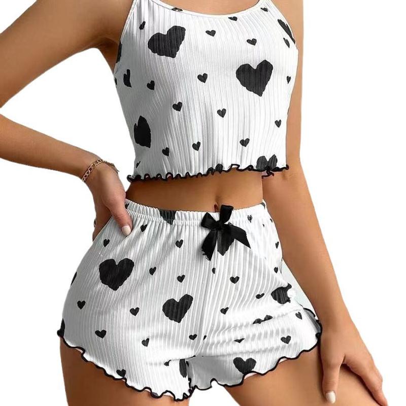 Casual Pajama Set with Cherry and Heart Print Spaghetti Strap Top and Ruffled Hem Shorts Soft Polyester Spandex Blend 95 5 180g m² Comfortable All Season Loungewear Perfect Valentine s Day Gift for Women Fabric Womenswear Everyday Feminine SpringStatement