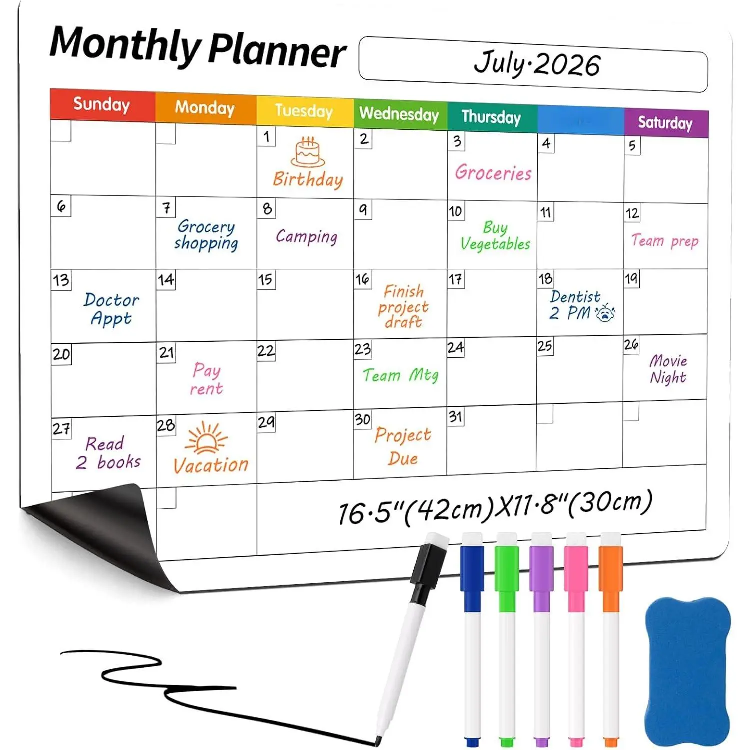 Dry Erase Board, Fridge Calendar, White, 16.5"x11.8" | Refrigerator Calendar for Clean Family Plans, Ideas, and Weekly Reminders with 6 Markers & Eraser