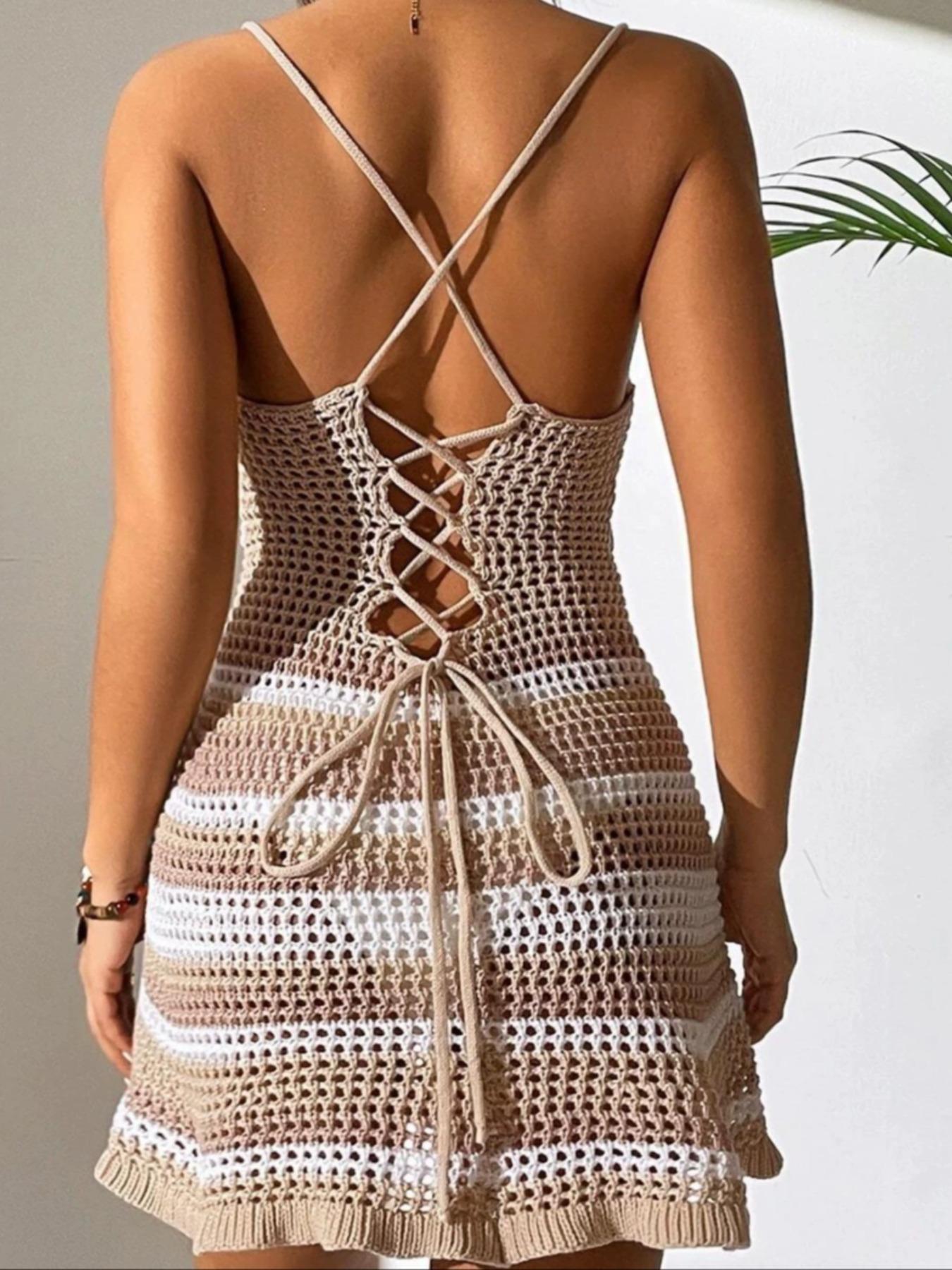 Women's Colorblock Backless Cut Out Cami Cover Up Dress, Casual Spaghetti Strap Sleeveless Short Dress for Summer, Ladies Clothes for Beach Holiday Vacation