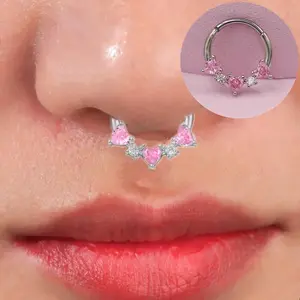 Stainless Steel Pink Crystal Septum Clicker Nose Piercing Hoop Heart Daith Earring Tragus Cartilage Hinged Segment Nose Rings