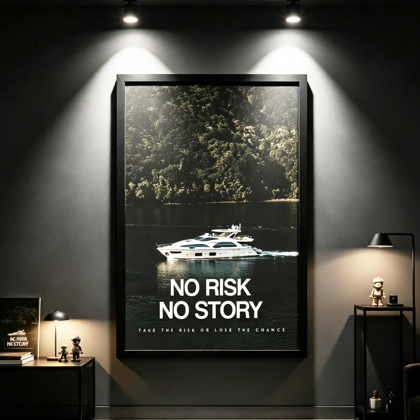 Framed "No Risk No Story" Motivational Entrepreneur Quote Plain HD Artwork Poster, Multi-Size Yacht Canvas Wall Art, Office Decor Gift For Him With Secure Packaging