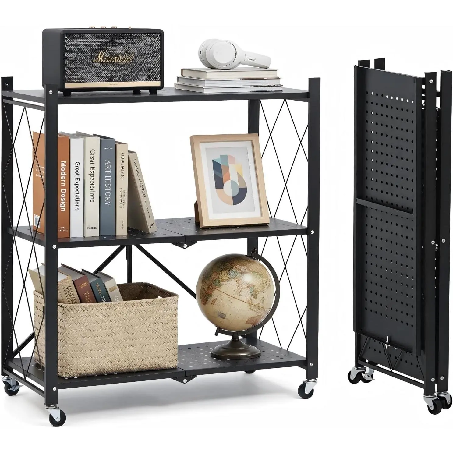 3 Tier Foldable Storage Shelves with Wheels, Metal Collapsible Organization Storage Rack, No Assembly Folding Bookshelf, Rolling Storage Rack for Kitchen, Bedroom, Pantry, Garage, Display, Black