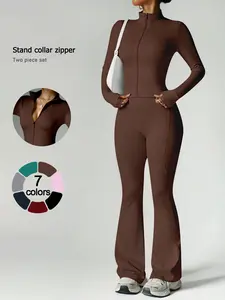 Women's 2-Piece Loungewear Set Long Sleeve Full-Length Pants Stand Collar Zip-Up Jacket and Flared Wide-Leg Pants Ideal for Travel Vacation Airport Comfortable Casual Stylish Pajama Set Multi-Scene Versatile Women's Set