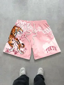 Men's Shorts with Cherry Blossom Tiger Print, Casual Loose-Fit Knee-Length Pants, Drawstring Waist, Spring & Fall Fashion
