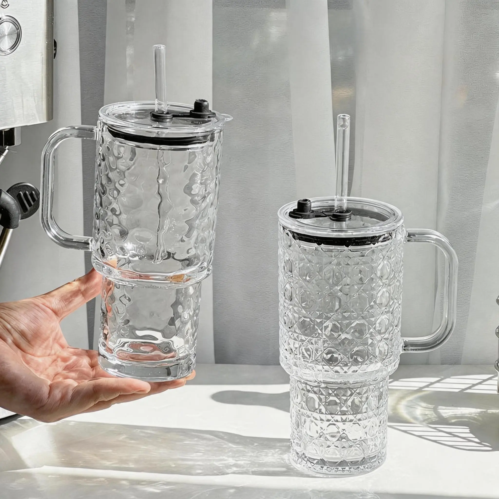 Vertical Striped Glass Cup with Handle, Aesthetic Large‑Capacity Lead‑Free Drinking Glassware, Reusable Clear Tumbler for Iced Americano, Latte, Juice & Cold Drinks, Dishwasher Safe, Great Conversation Starter,Elegant Drinkware for Home & Party Gatherings