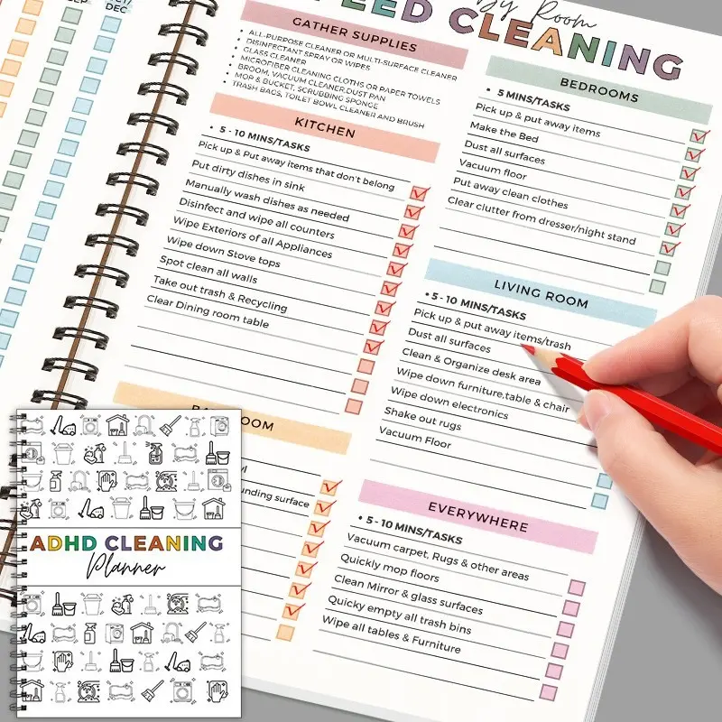 Cleaning Planner A4 Size Focused Daily Weekly Monthly Schedule Checklist Notebook for Home Office Dorm Durable Cover Smooth Pages Office Stationery Essential Plannerbook