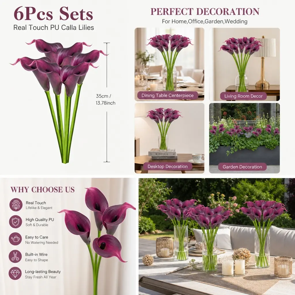 6pcs Real Touch Artificial Calla Lily Flowers, 13.8in (35cm) Floral Arrangements for Home Garden Office Party Wedding Decorations