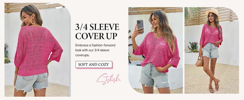 Imily Bela Womens Crochet Cover Up Top Summer 3/4 Sleeve Off Shoulder Sweater Shirts Mesh Boho Beach Swimsuit Coverup