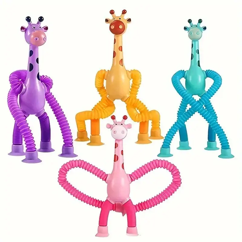 4-Pack Giraffe Suction Toy Set, Stretchy Cartoon Design, Creative Neutral Tube Shape, Kids Relaxation Toy, Fun Educational Play, No Battery Needed