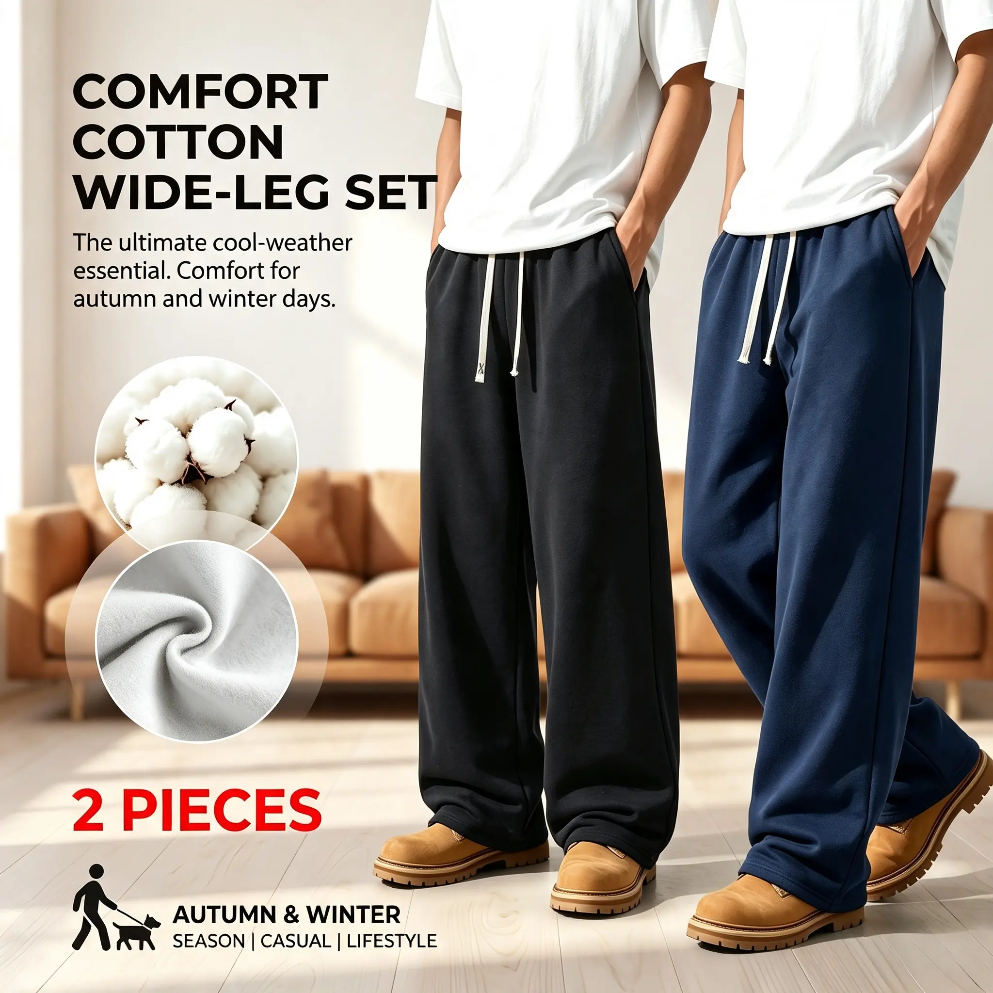 2-Pack Men's High-Quality Cotton Wide Leg Sweatpants, Soft Heavy Baggy Joggers, Elastic Drawstring Loose Streetwear Trousers for Young Men Teen Boys, Fall Spring Relax Gym Workout Walking Daily Casual Outdoor Wear.