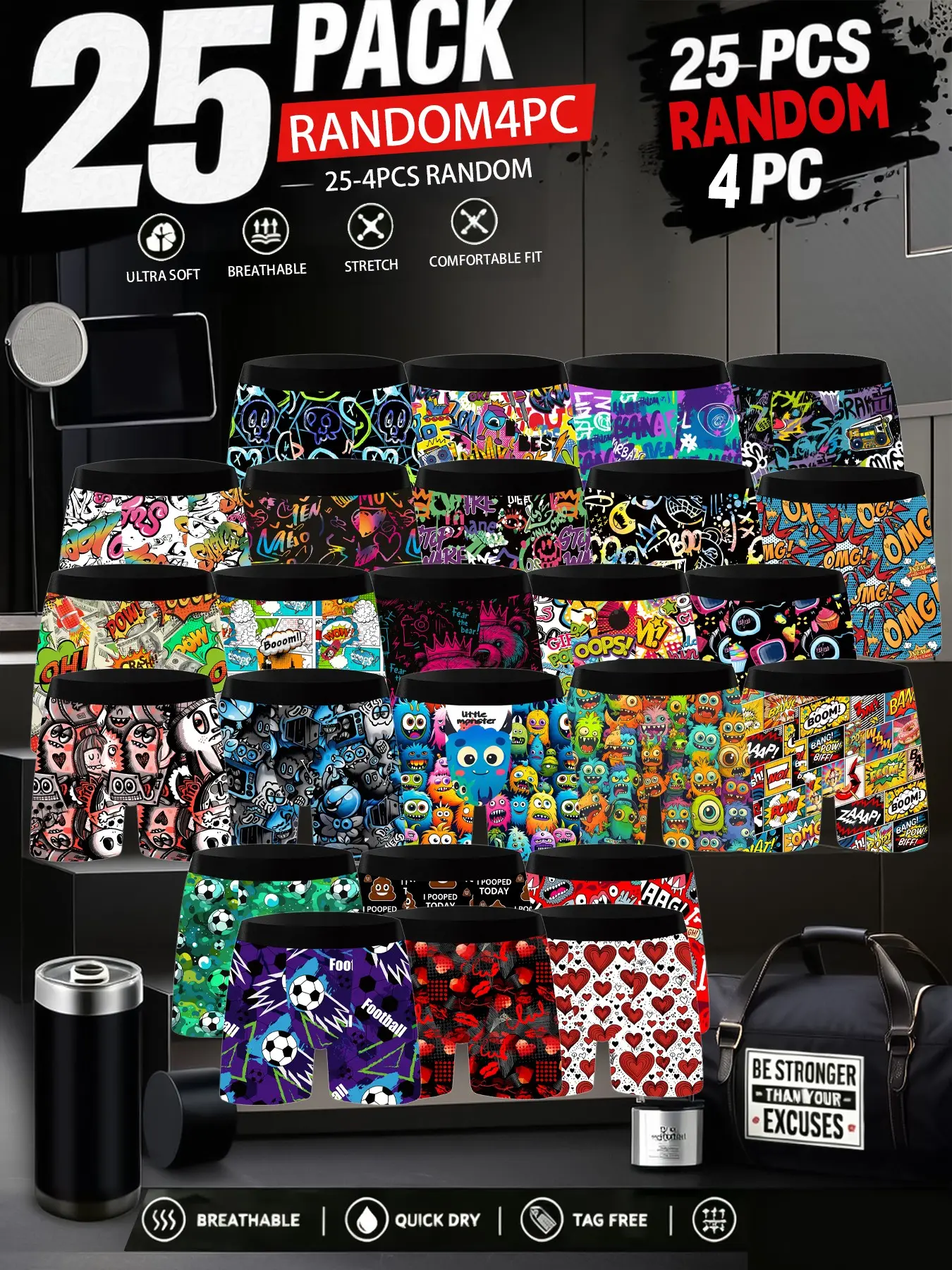 Men's Casual Random Print Briefs, Novelty Print Briefs, High Elasticity Breathable Street Style Underwear, Trendy Cartoon Pattern Boxer Shorts, 4pcs Set