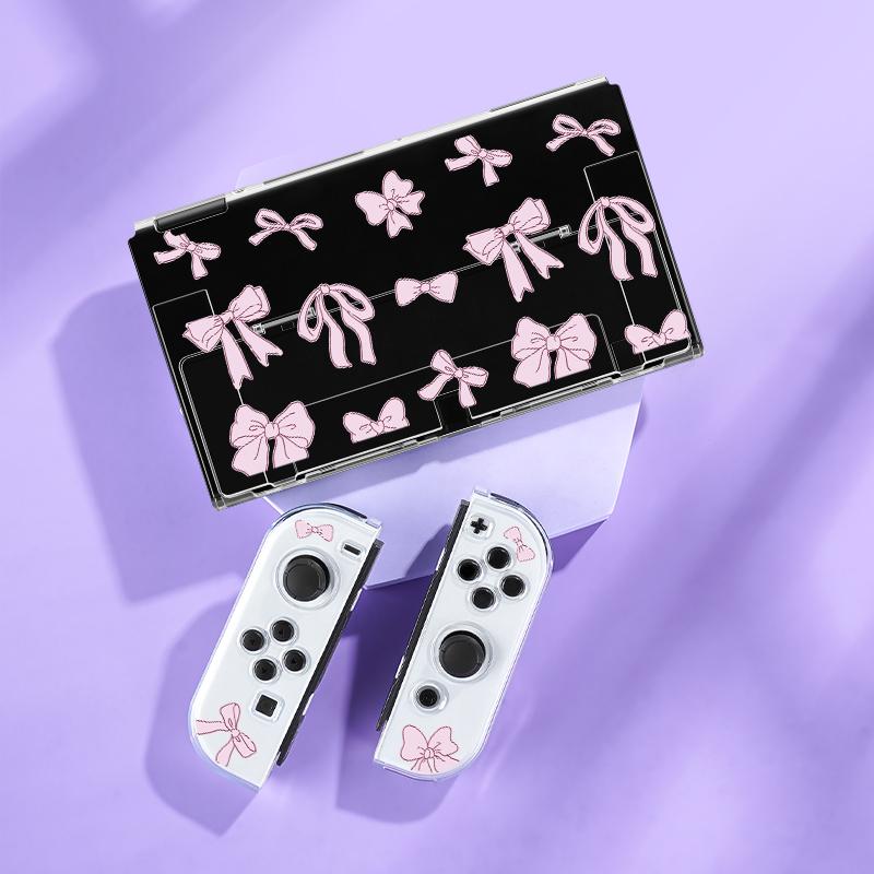 Cute Bow Pattern Game Console Protective Case with Soft Grip, Shockproof Hard Shell Protective Case & Soft Grip, Anti-scratch Console Accessories for Switch OLED