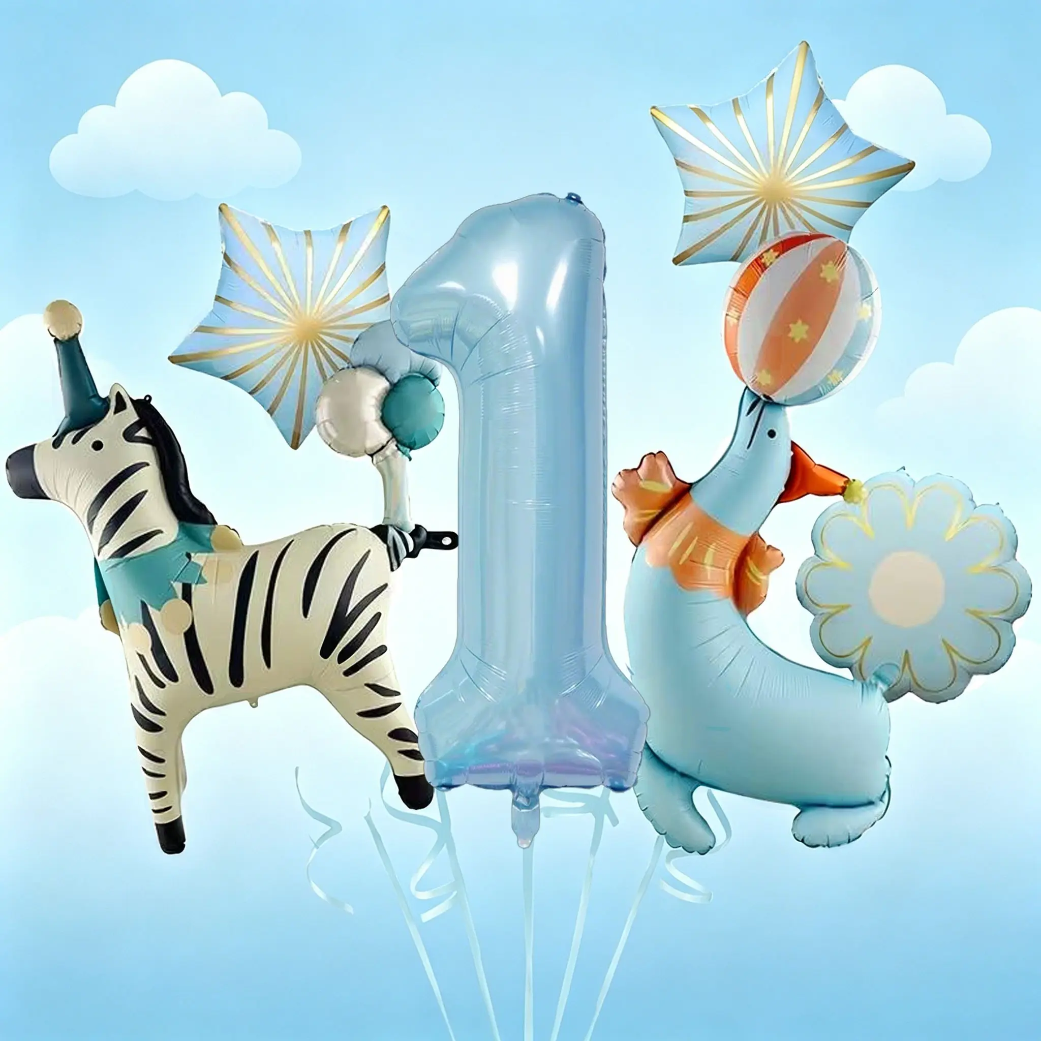 8-Piece Circus Animal Theme Balloon Set, 32-Inch Pearl Blue Number Aluminum Foil Balloons, Party Decor, Kids Room Decoration, Festival Atmosphere, Balloon Animals