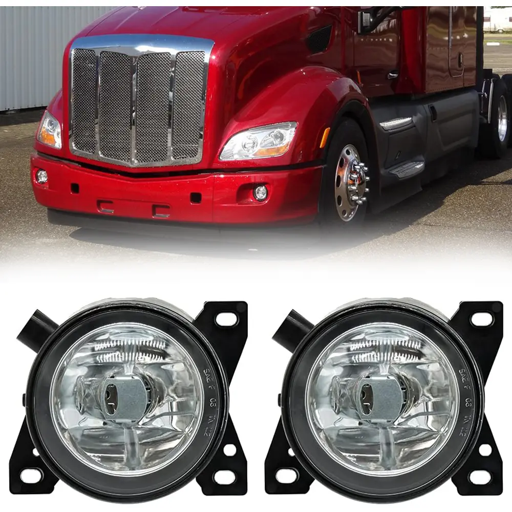 Round Shape Halogen Fog Light Set Pair with Plastic Body - Direct OEM Matched, Direct Install Fog Lighting for Kenworth T660, T680, T800 Heavy Trucks (Left & Right Beam Assembly)