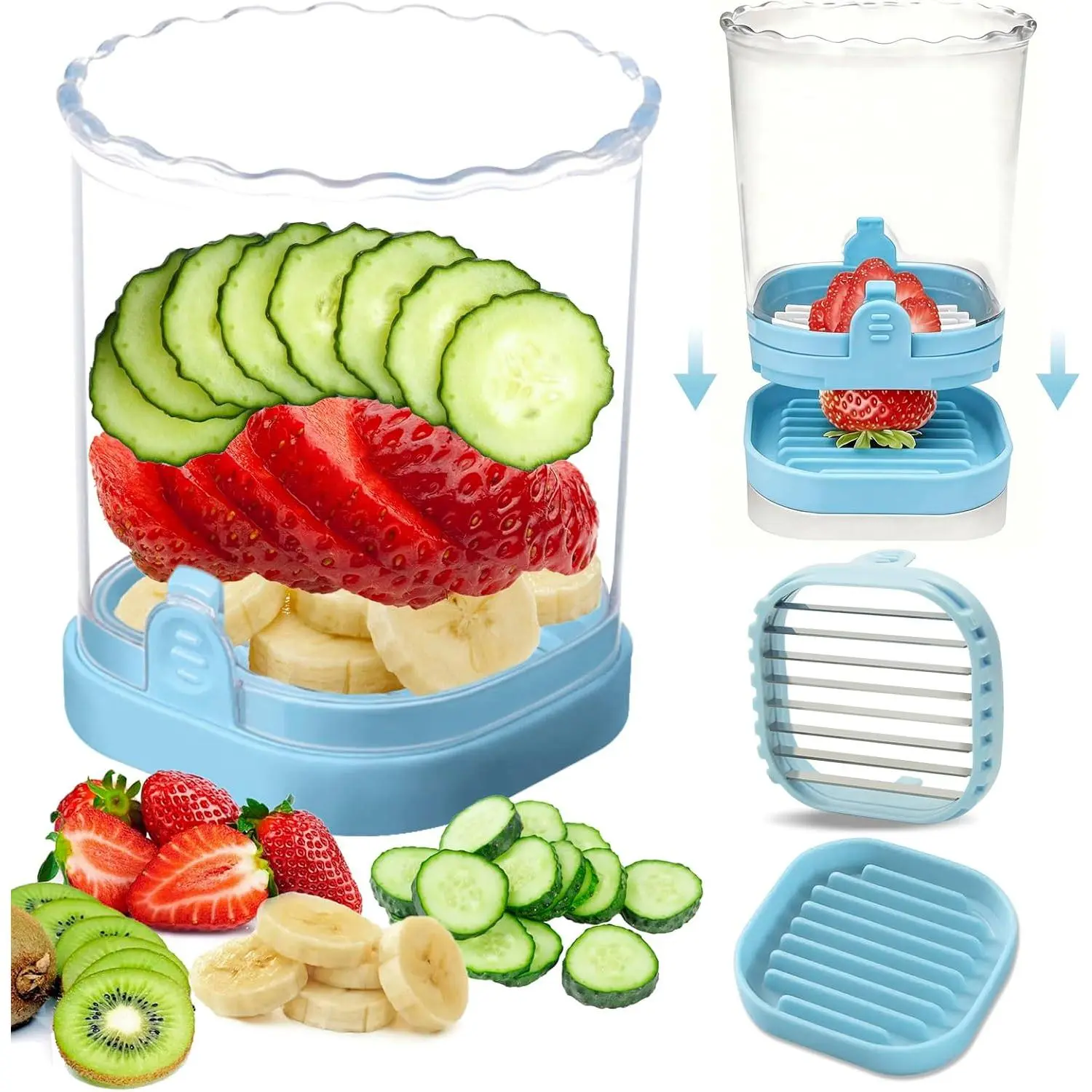 Fruit Slicer Cup - Stainless Steel Strawberry Slicer with Push Plate, Detachable Egg Banana Grape , Dishwasher Safe Multifunctional Kitchen Gadget for Fruit Salad Cake (Blue)