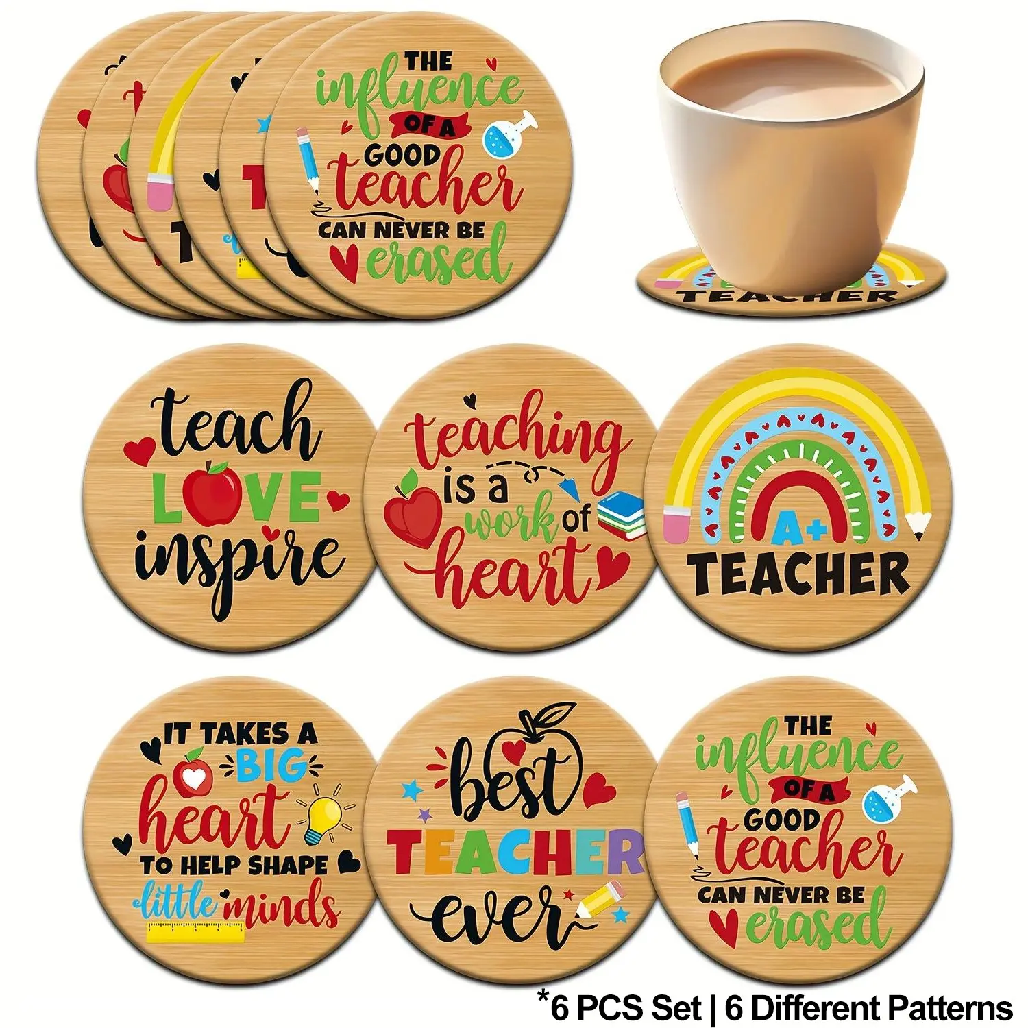 1 Set Circular Wooden Cup Coasters, Decorative Coaster with 6 Teacher's Day & Thanksgiving Quote Patterns, Excellent Gift for Teacher's Day & Thanksgiving, Perfect for Holiday Home Decoration