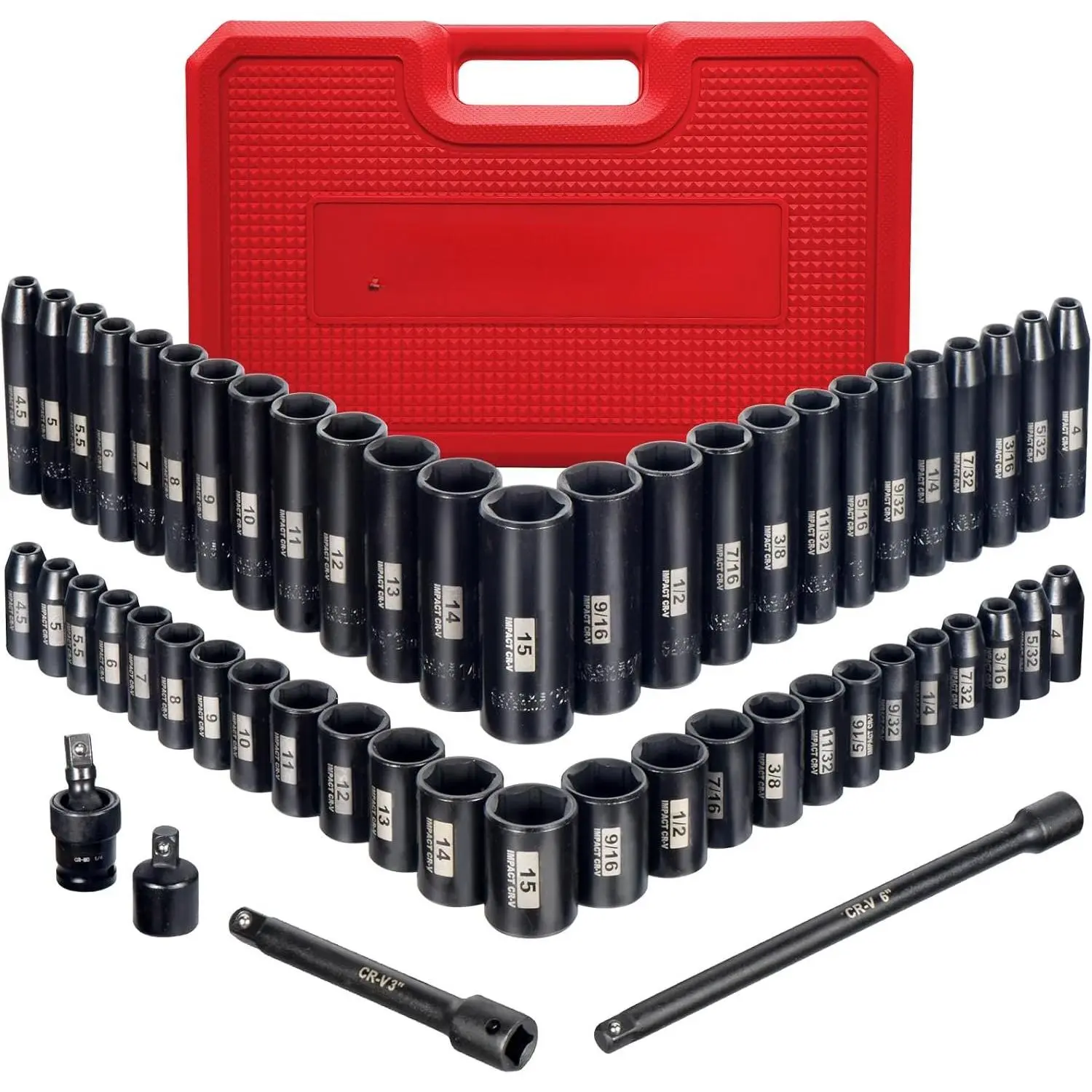 1/4-Inch Drive  Socket Set, 54 count, 6 Point, SAE/Metric, (5/32" - 9/16" ,4mm -15mm),Deep/Shallow, Cr-V Steel, Includes Extension bars and Socket Adapter