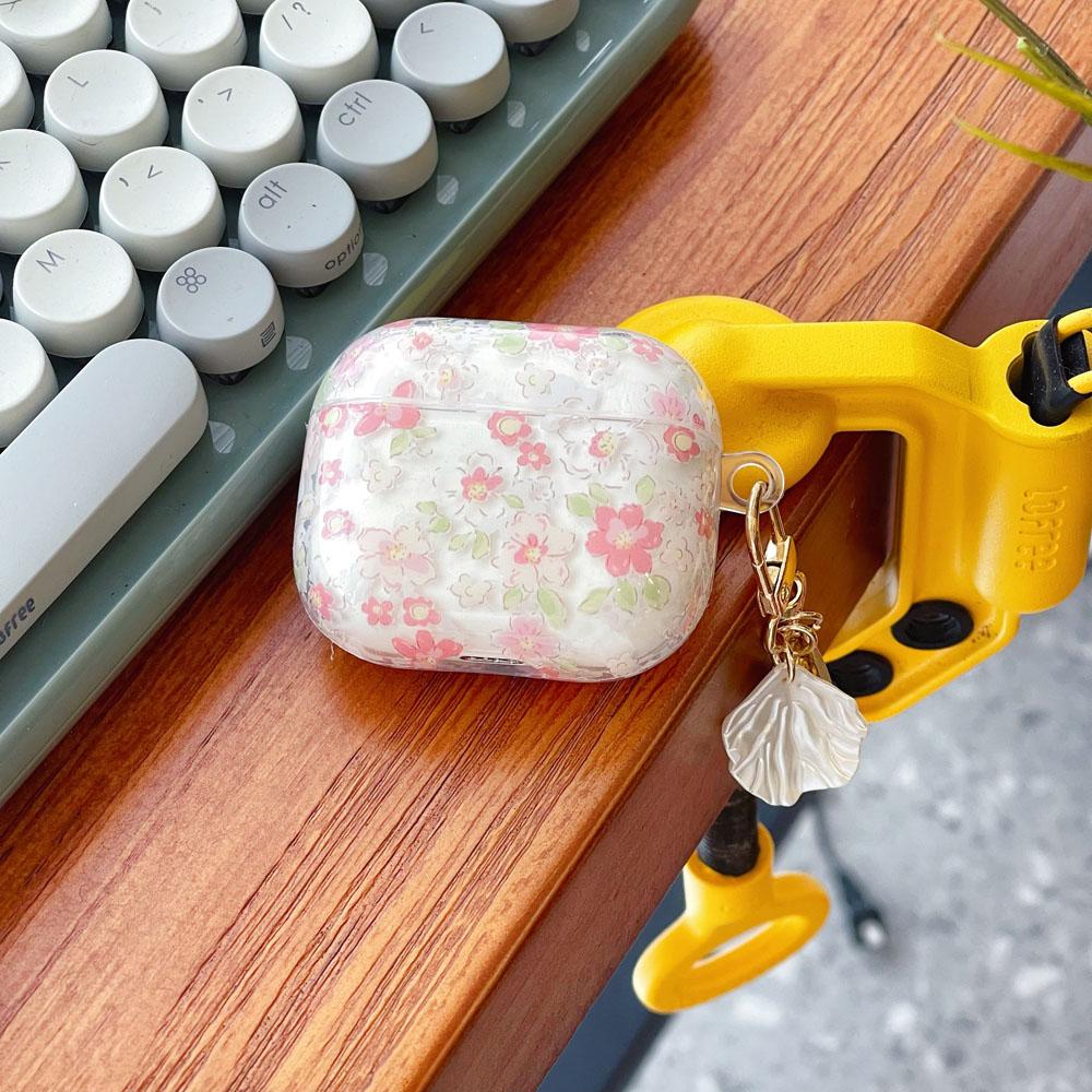 Soft Silicone Earphone Case With Cute Clear Pink Flower Pendant, Protective Cover Compatible With AirPods Series Models, Flexible Anti-Drop Shell For Wireless Charging And Daily Carrying