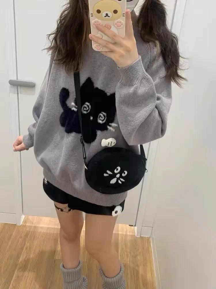 Autumn Gray Vintage Elegant Knit Pullover Woman  Cartoon Print Design Harajuku Sweater Feamale  Long Sleeve Retro Clothes