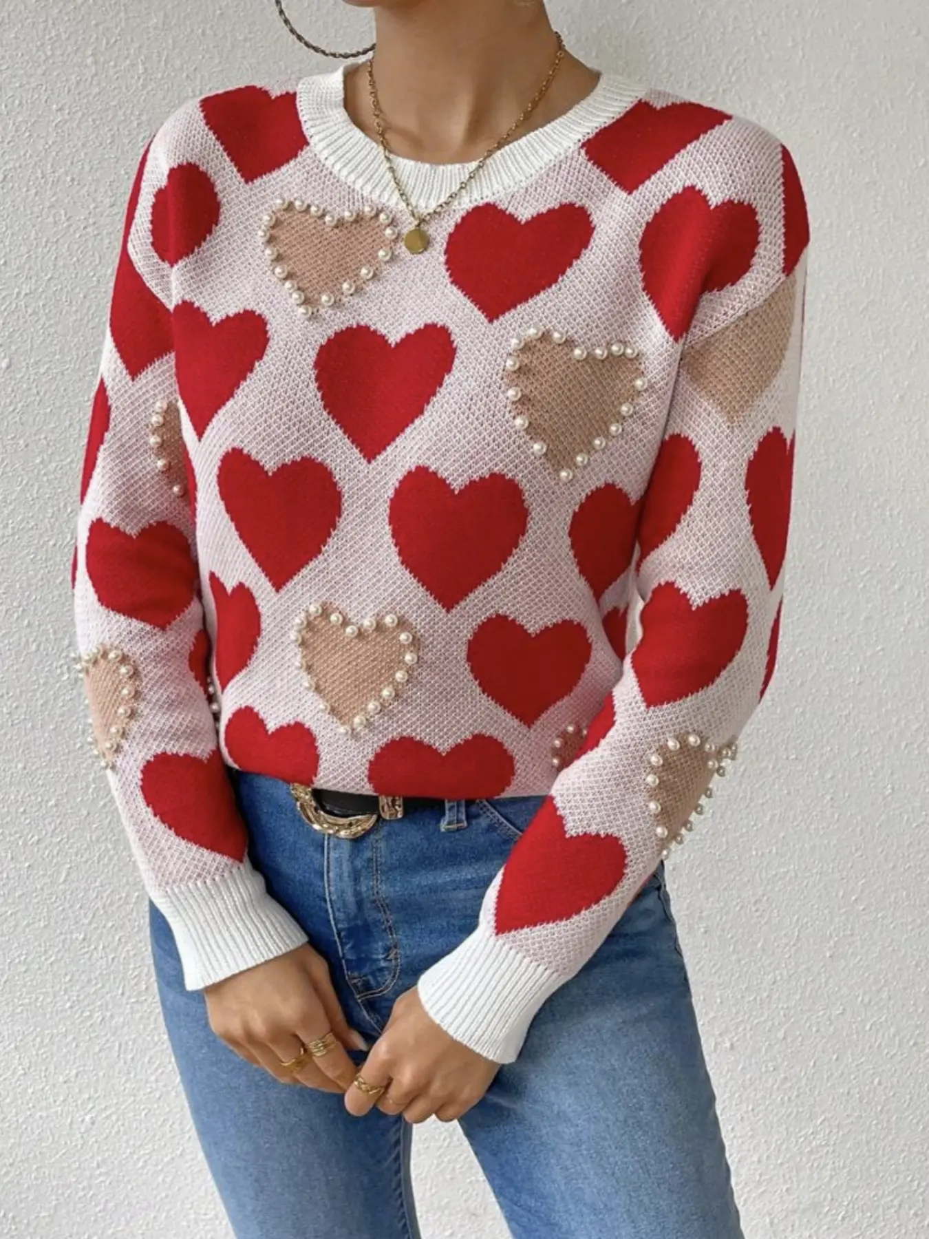 Heart Pattern Women's Knitwear Pullover, Elegant Chic Aesthetic Fitted Long Sleeve Top, Fall & Winter Fashion, Street Party Wear, New Arrival Casual Sweater