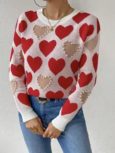 Heart Pattern Women's Knit Pullover, Elegant Fitted Long Sleeve Top, Fall & Winter Fashion, Street Party Wear, New Arrival Casual Sweater