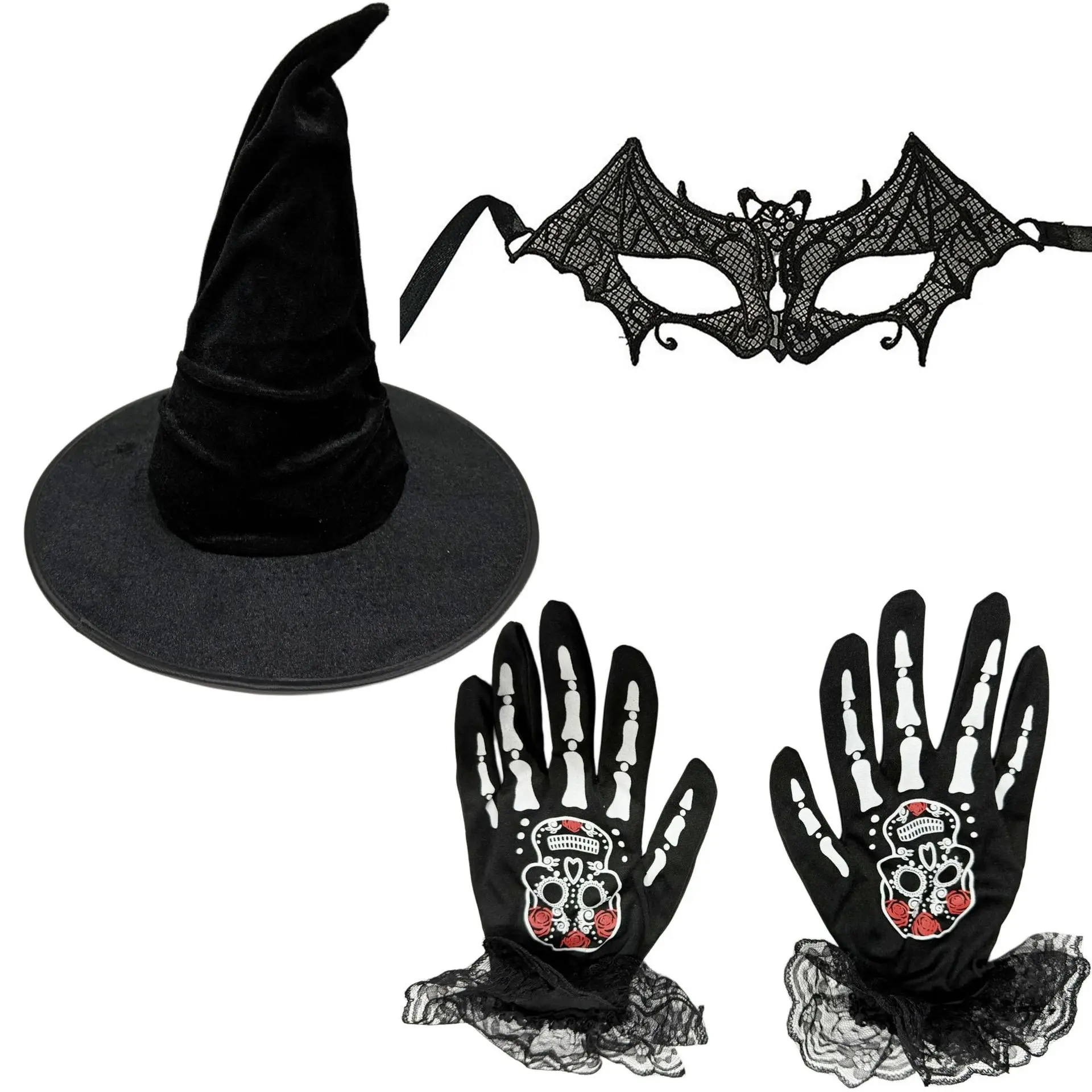 Halloween Witch Hat Gloves Mask Cosplay Set, 3-Piece Costume Accessory, Lace Netting Gloves, Ghost Bride, Halloween Party Gear