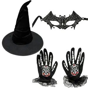Halloween Witch Hat Gloves Mask Set, 3-Piece Costume Accessory, Lace Netting Gloves, Ghost Bride, Halloween Party Gear