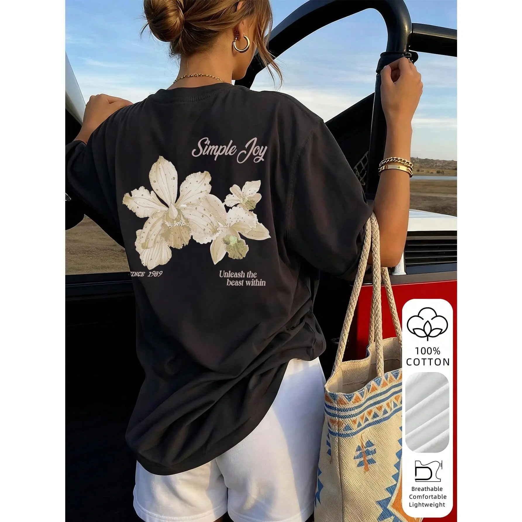 Women's Cute Aesthetic Minimalist Joyful Orchid Pattern Loose T-Shirt, 100% Cotton Breathable Round Neck Short Sleeve T-Shirt, Y2K Style Soft Girl Vibe, Suitable For Brunch, Date Night, Vacation And Everyday Cute Looks Casual Black Summer
