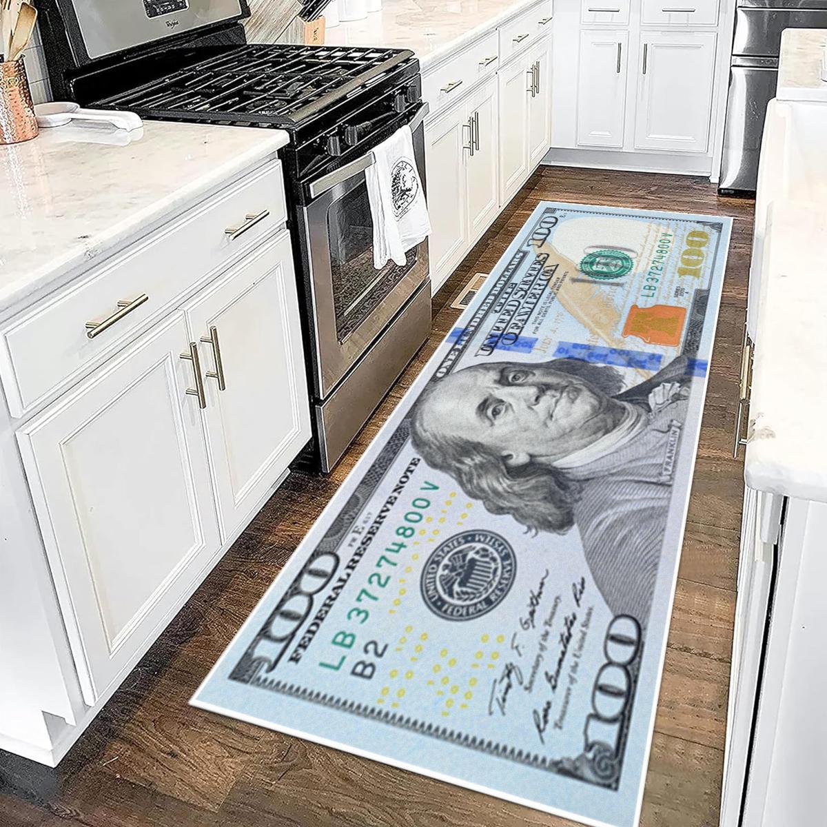 $100 Money Pattern Kitchen Mat, 1 Count Non-slip Kitchen Rug, Soft Floor Mat, Decorative Carpet for Home Kitchen Living Room Bedroom, Contemporary Rugs