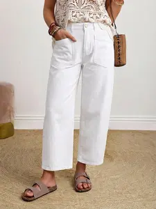 Patch Pocket Eight-Inch Lantern Jeans, High-Waisted Loose Fit Lazy Vacation Style Casual Nine-Inch Pants, Comfortable and Stylish