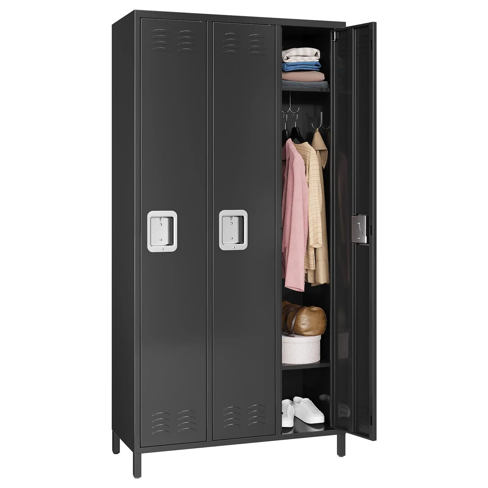 3 Door Metal Storage Locker Commercial Grade Steel Employee Locker with Lock and Keys Office Storage Cabinet with 9 Hooks 3 Shelves Classroom Gym Locker Organizer System Heavy Duty Storage Wardrobe for Garage School Home Black