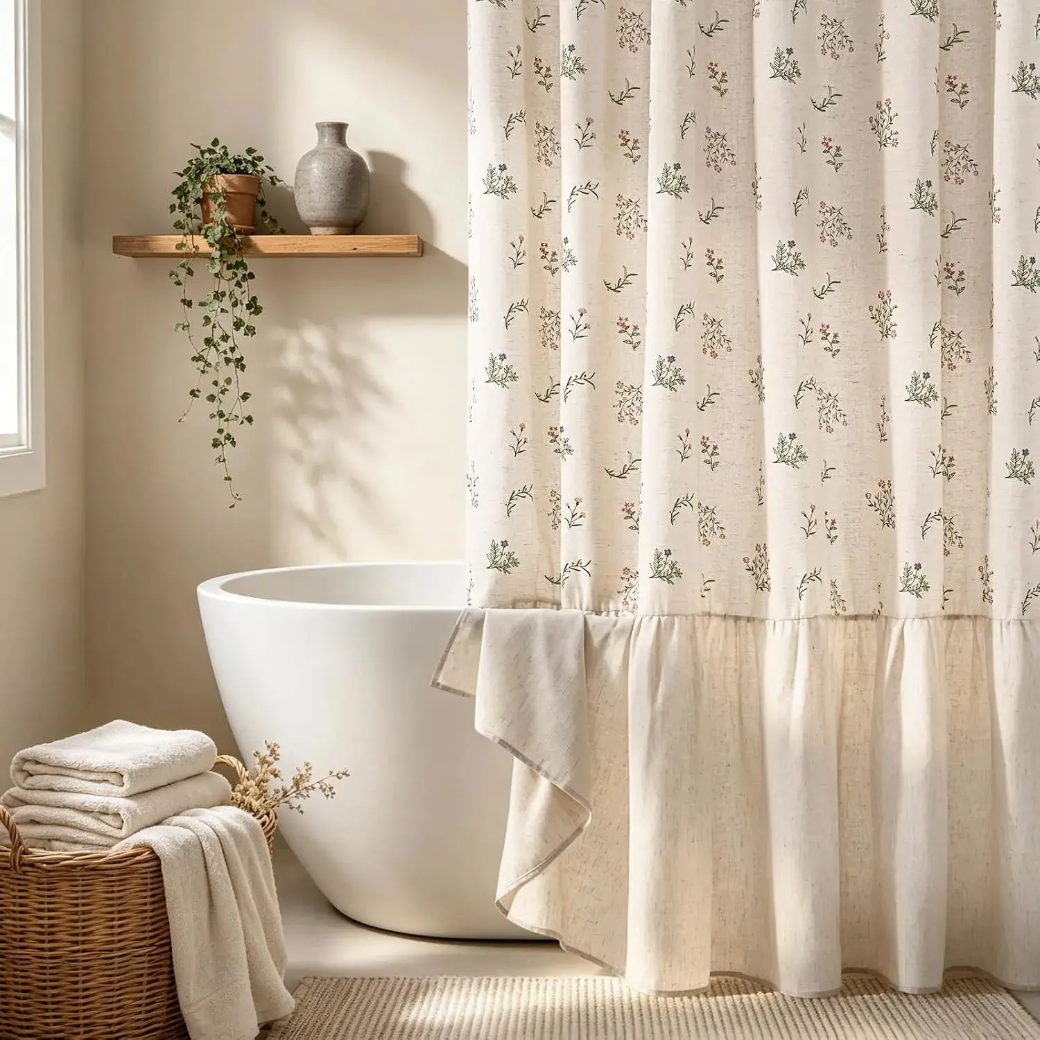 Farmhouse Linen Shower Curtain for Bathroom, Ruffle Floral Shower Curtain Set with 12 Metal Hooks, Beige Vintage Bath Curtains Weighted Washable, 72" W x 72" L