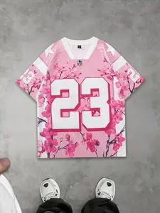 Men's Pink Cherry Blossom #23 Football Jersey T-Shirt | Floral Print V-Neck & Breathable Mesh, Oversized Fit, Perfect for Streetwear, Spring Vibes & Sports | Trendy Kawaii Statement Tee