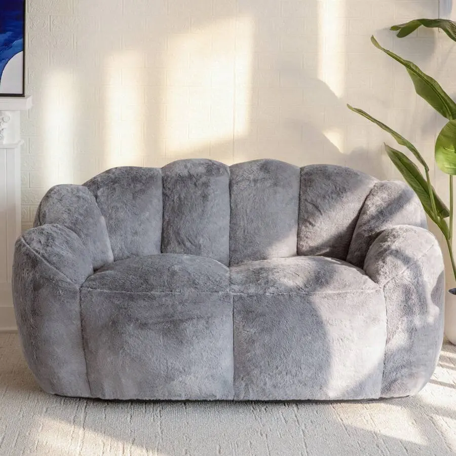 Adult Faux Fur Polyester Bean Bag Sofa - Irregular Shape, Plain Solid Design, Single or Loveseat Option, Reading Chair for Living Room, Bedroom, Available in Dark Gray/White/Pink