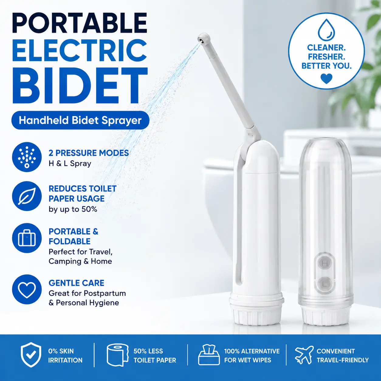 Portable Bidet, Handheld Electric Bidet Sprayer, Battery Powered Foldable Personal Travel Bidet, 2 Pressure Modes, Adjustable Water Spray, Toilet Sprayer for Home, Travel, Camping, Postpartum Care & Personal Hygiene