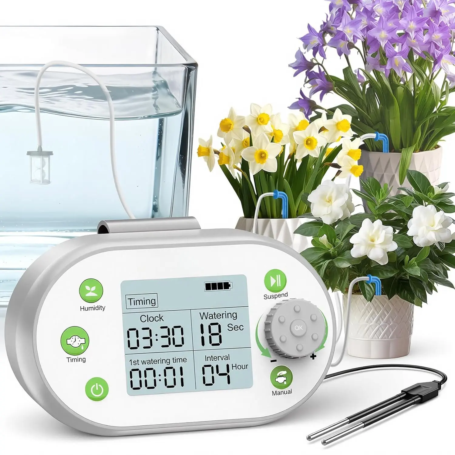 Indoor Drip Irrigation Kit Set with Programmable Water Timer, Humidity Sensor, LED Display - Auto Watering Drip System for 15 Pots