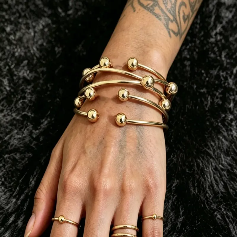 Retro Boho Thick Bangles, Fashionable Chunky Bangles, 10mm Ball Silvery, Handmade Stacking Bangles for Women, Multilayered Bangles, Daily Party Jewelry Gifts, Fashionable Jewelry Accessories