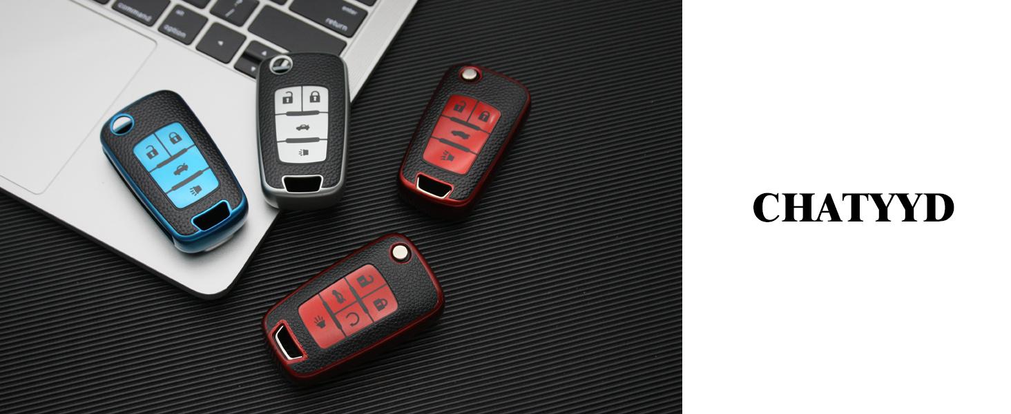 Key Fob Cover for Chevy, Soft TPU Leather Key Fob Case for Chevrolet Camaro Cruze Equinox Malibu Trailblazer Impala Sonic Buick Cascada Encore Car Key Accessories (Red)