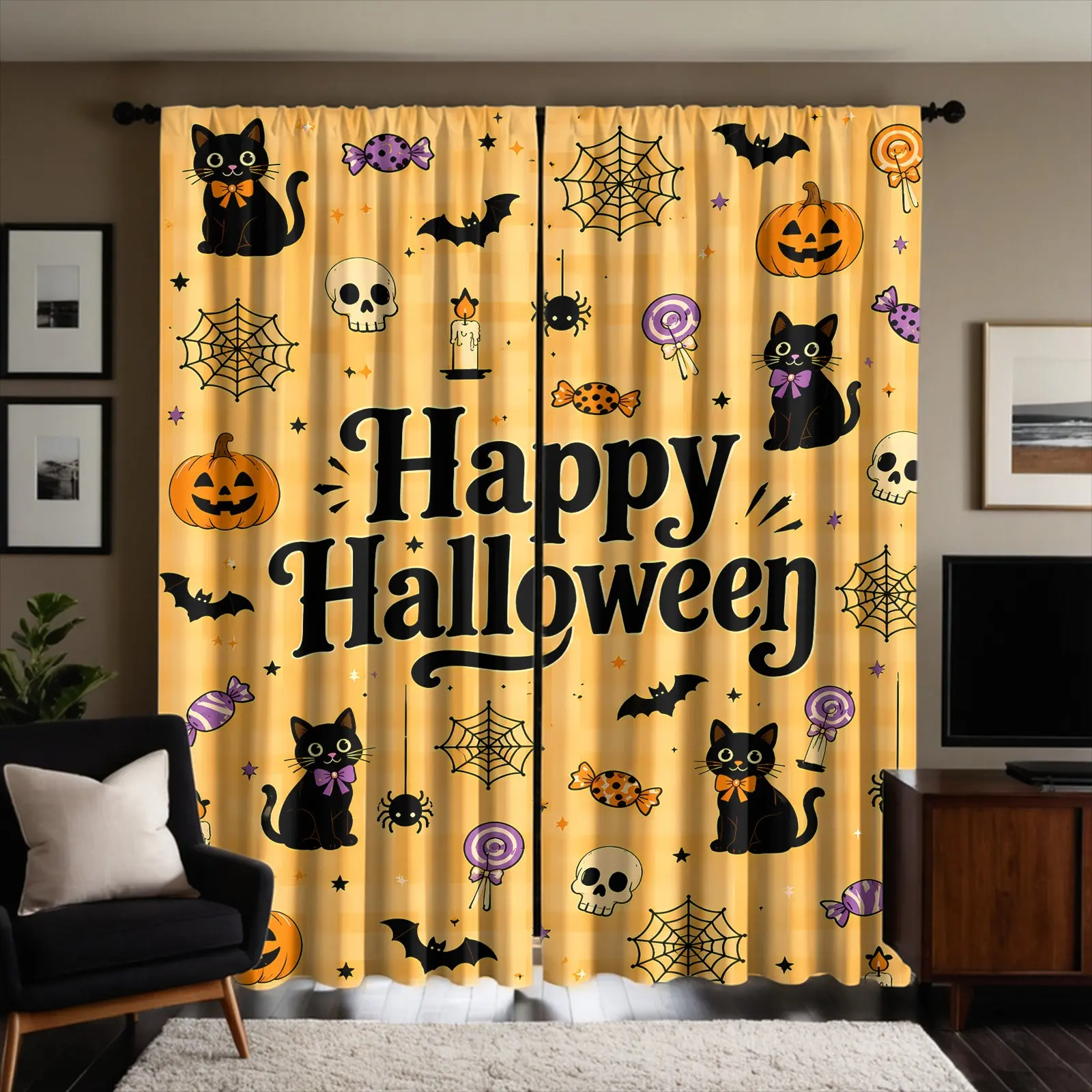 Spooky Season Halloween Curtains, Cute Yellow Plaid Black Cat Pumpkin Bat Spider Web Skull Candy Candle Happy Halloween Print, 2 Panels Light Filtering Non Blackout Window Drapes, Soft Fabric Curtains for Living Room Bedroom Apartment Dorm Halloween Decor