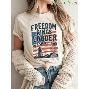 Freedom Rings Louder In A Small Town Patriotic Print Graphic Tee, New Summer Of Tops, 4th Of July Women's Summer Outfits For Vacation, Casual Wear