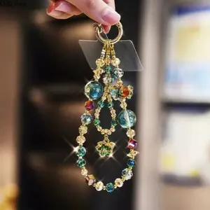 Crystal Beaded Phone Wrist Strap, Butterfly & Flower Charm Phone Lanyard, Sweet Fashionable Hanging Ornament with Calabash Pendant