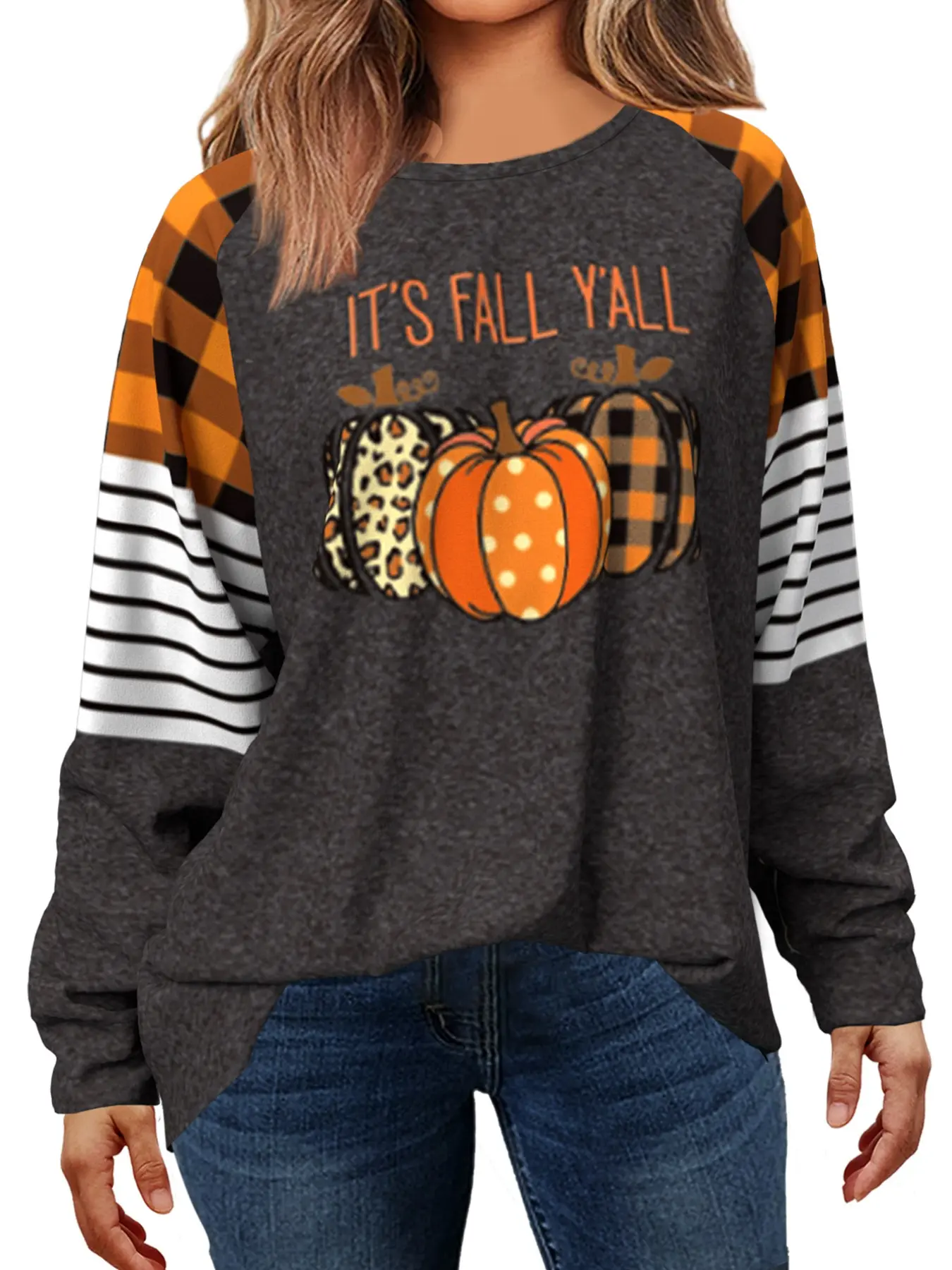 Plaid Pumpkin and Letter Print T-Shirt, Casual Long Sleeve Top, Spring and Fall Fashion, Plus Size Women's Clothing