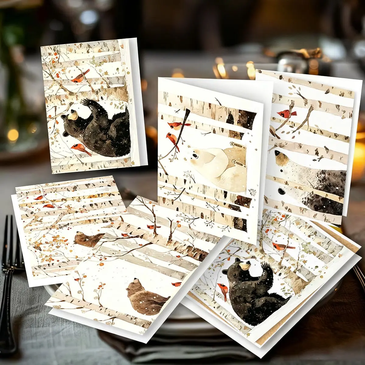 Christmas Watercolor Bear and Bird Card Set, 12/6 Pieces with Envelopes, Foldable 9x13cm, Expandable to 18x13cm, Holiday Greeting Cards
