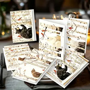Christmas Watercolor Bear and Bird Card Set, 12/6 Pieces with Envelopes, Foldable 9x13cm, Expandable to 18x13cm, Holiday Greeting Cards