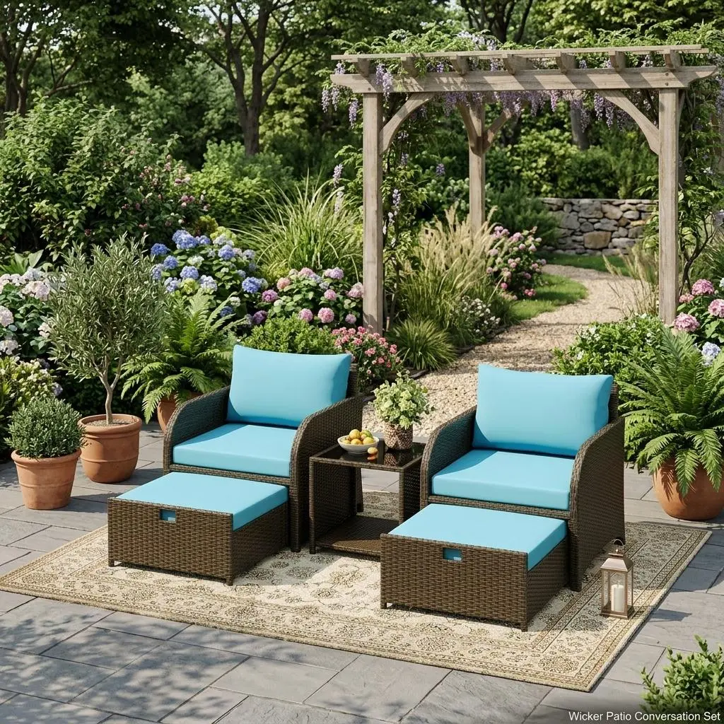 5PCS Outdoor Beige Rattan Sofa Set | All-Weather Wicker Patio Furniture with Glass Coffee Table, Ottomans & Thick Cushions for Garden & Balcony