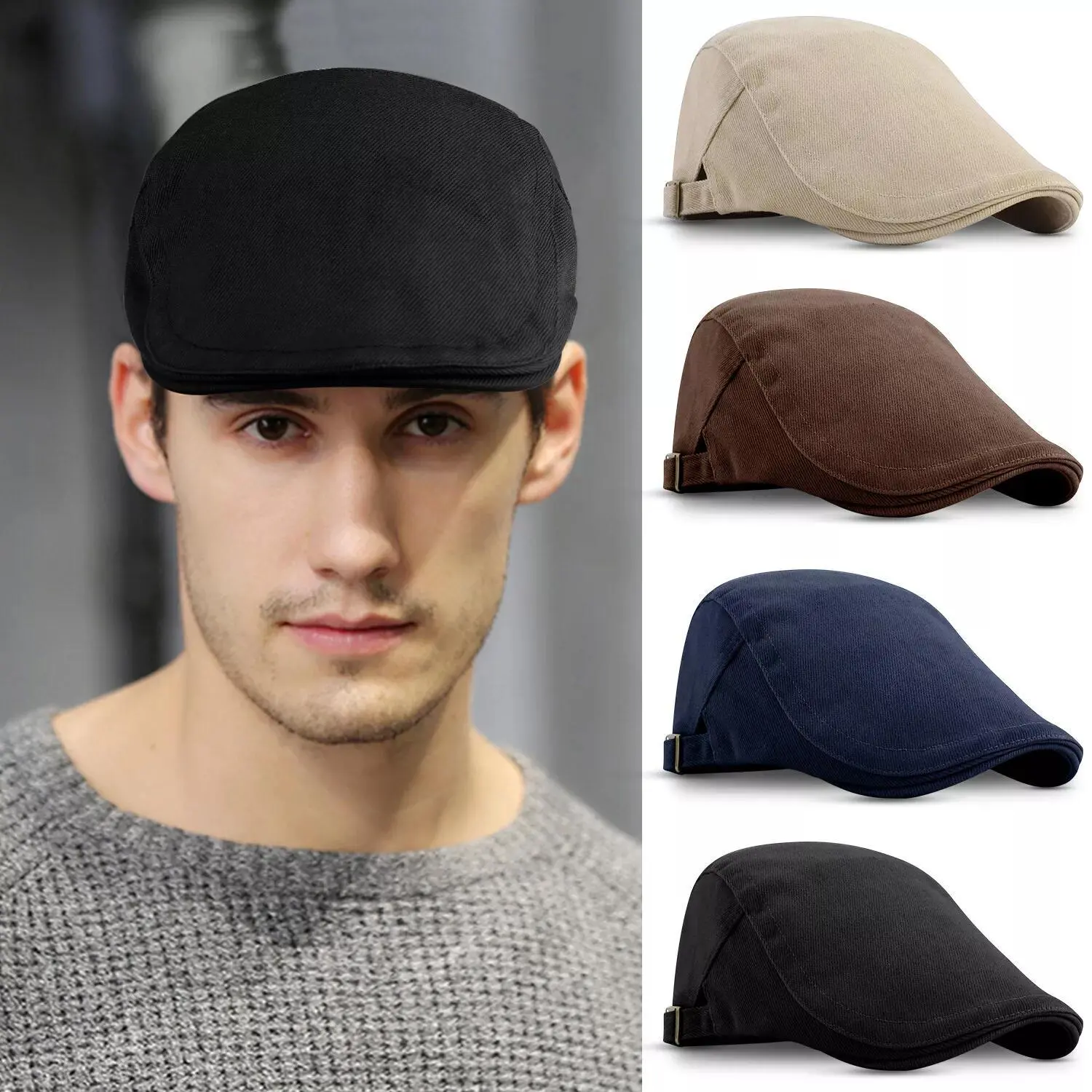Men's Cotton Newsboy Hat, Vintage Ivy Style Flat Cap with a Classic Shape, Adjustable Male Hat for Driving & Golf