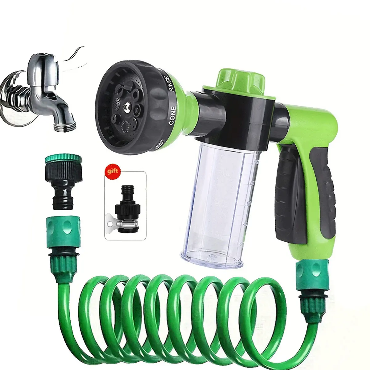 Pet Bath Foam Sprayer Gun - 8 Spray Modes, 1-Hand Operated No-Power Pet Grooming Washer for Dogs & Cats, Includes Water Hose & 4 Connectors (For Car Washing)