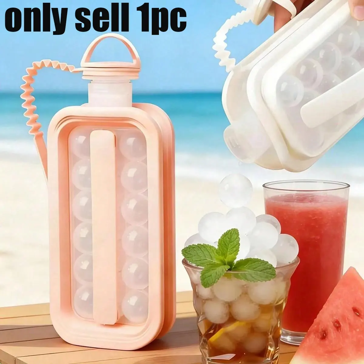 Portable ice ball maker bottle with lid, silicone tray, multi-cavity mold, easy release, drink ice maker