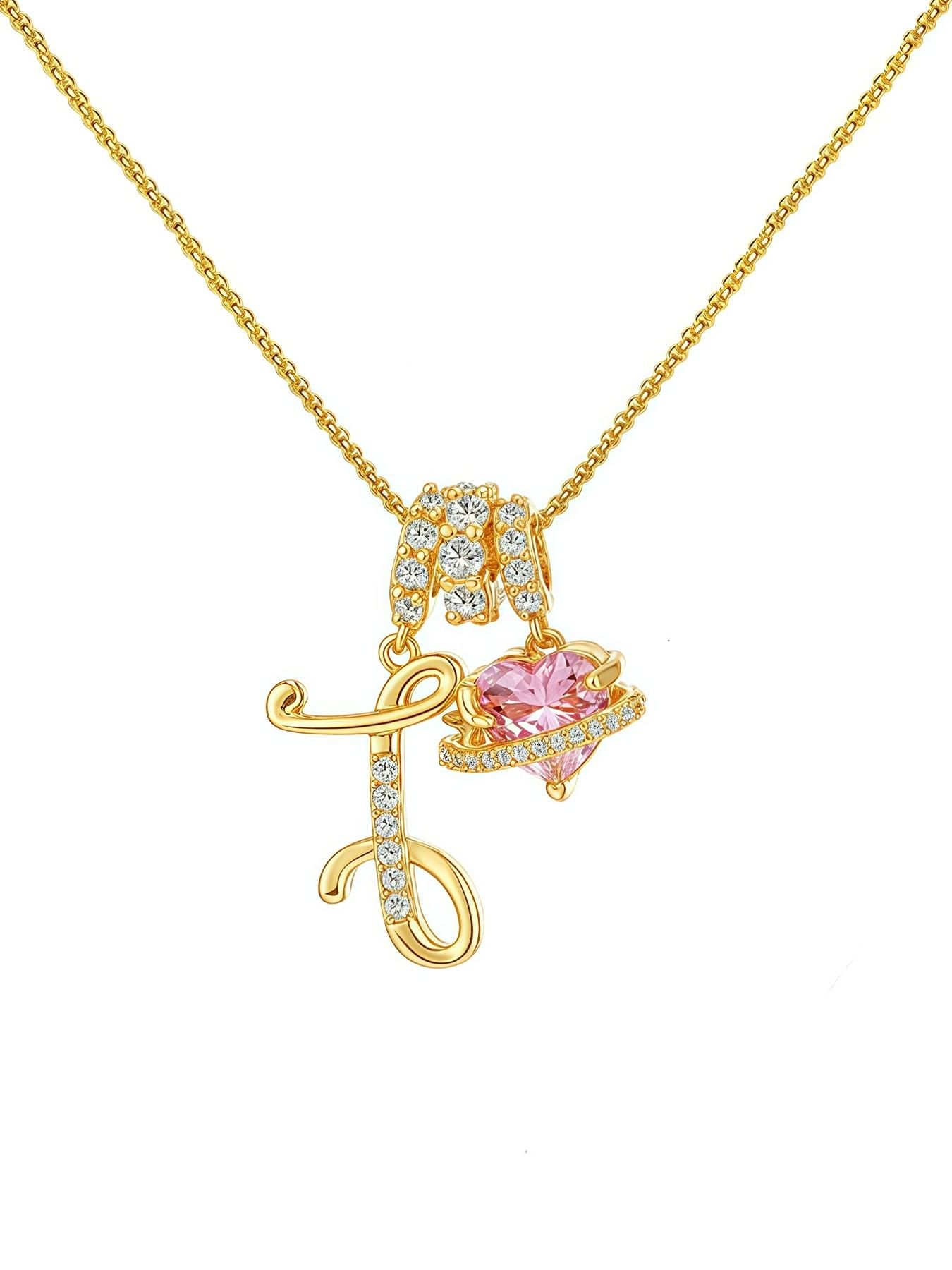 Initial Letter Heart CZ Necklace With Bear Rose Jewelry Gift Box, 18K Gold Plated CZ Birthstone Alphabet Necklace Gift, Christmas Anniversary Jewelry Gift for Wife Girlfriend, Birthday Gift for Daughter, Heart Shaped Necklace